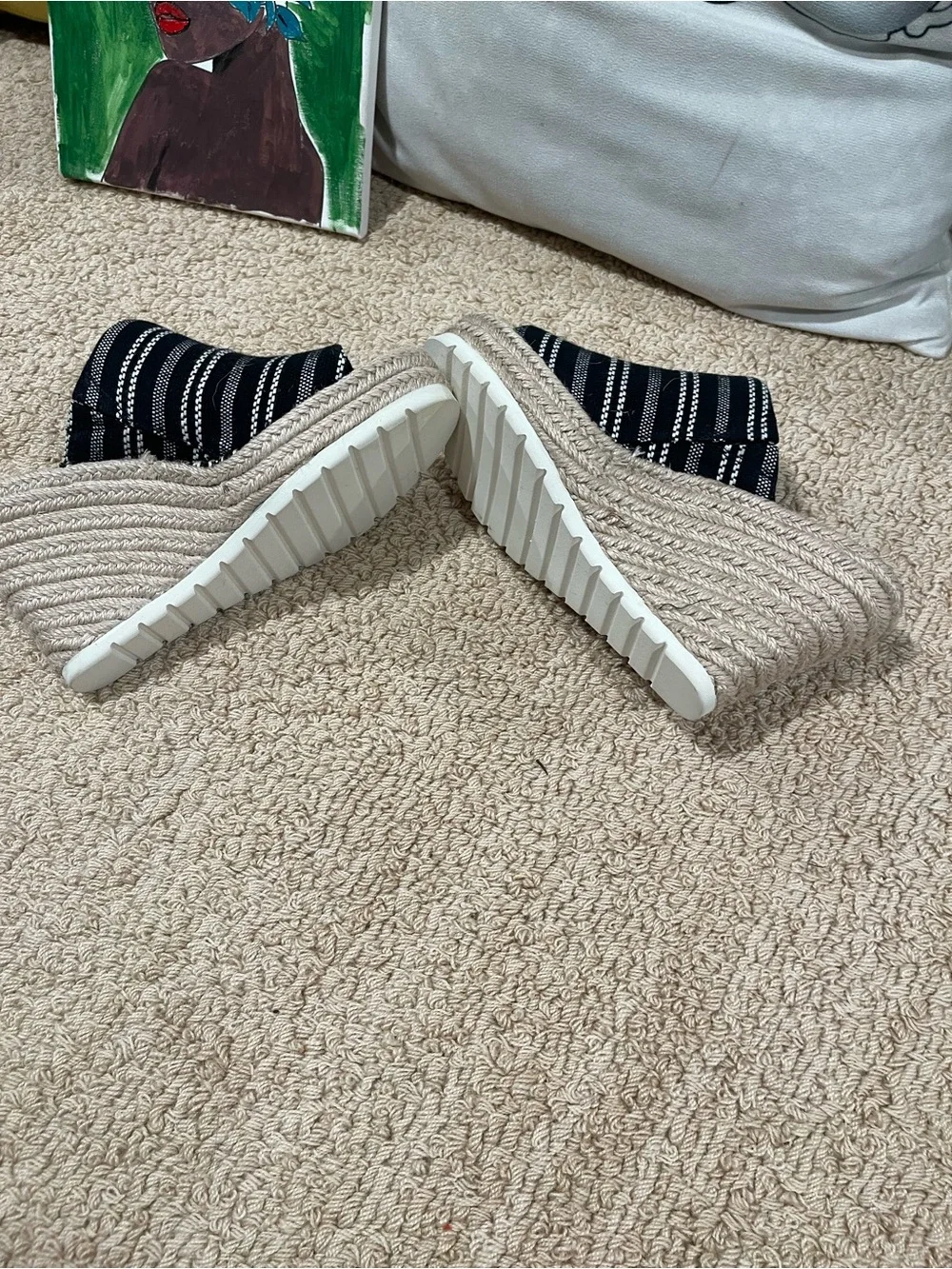 TOMS Black and White Striped Espadrille Wedge Mules